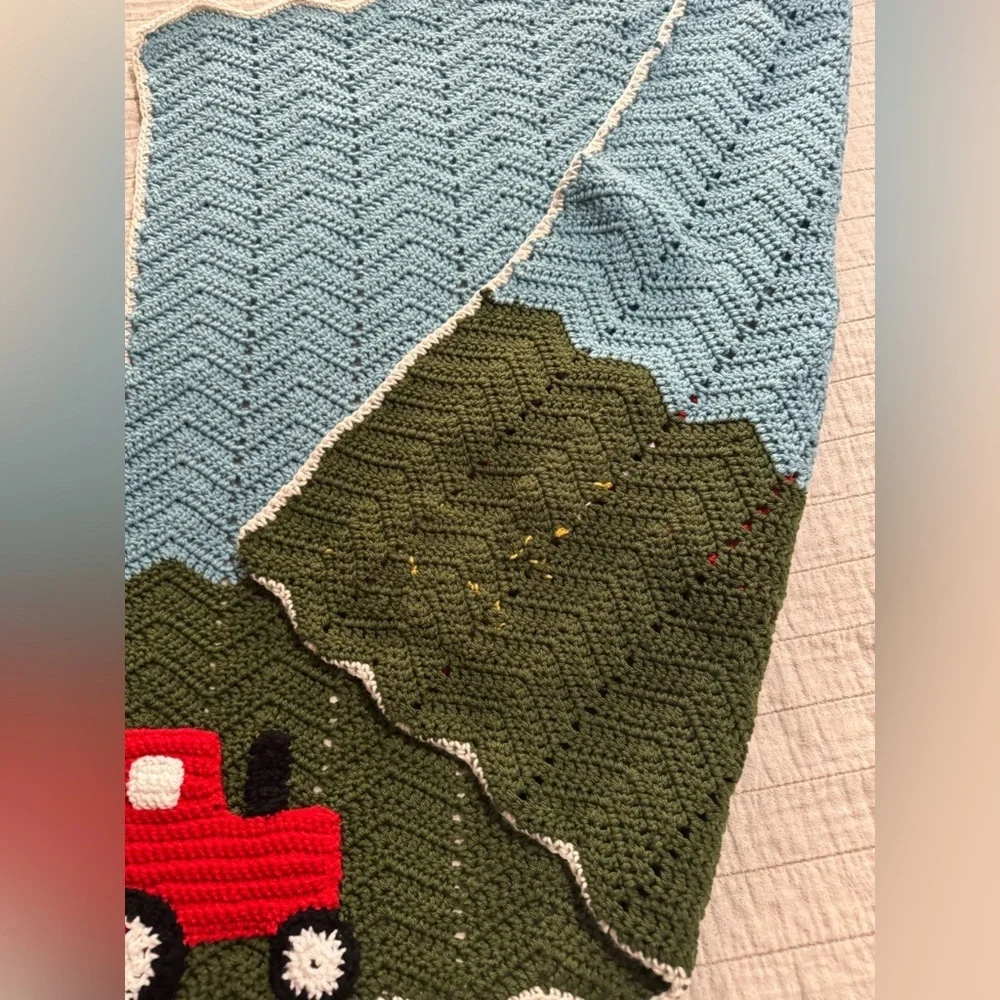Farm Themed Crochet Blanket featuring a barn, chicken, tractor and hay bale